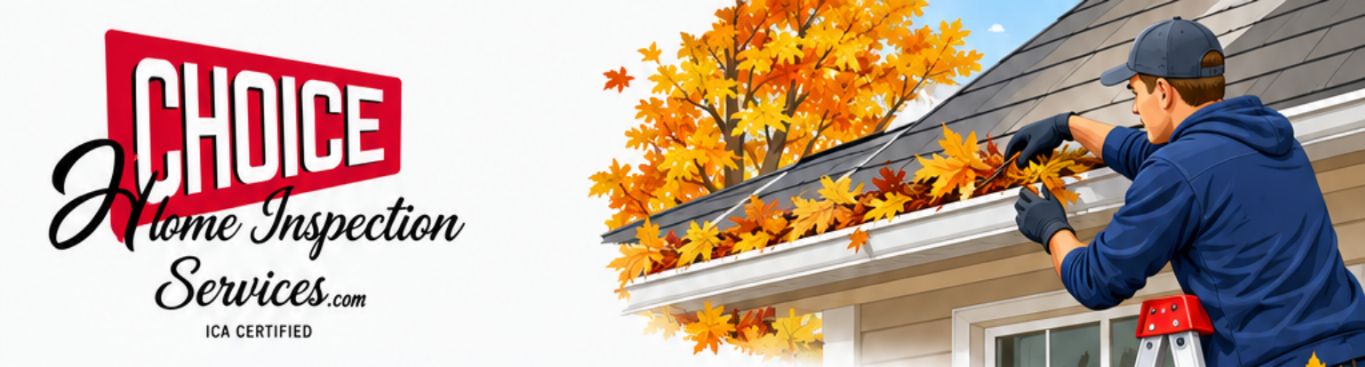 Home inspector cleaning autumn leaves out of a gutter before winter